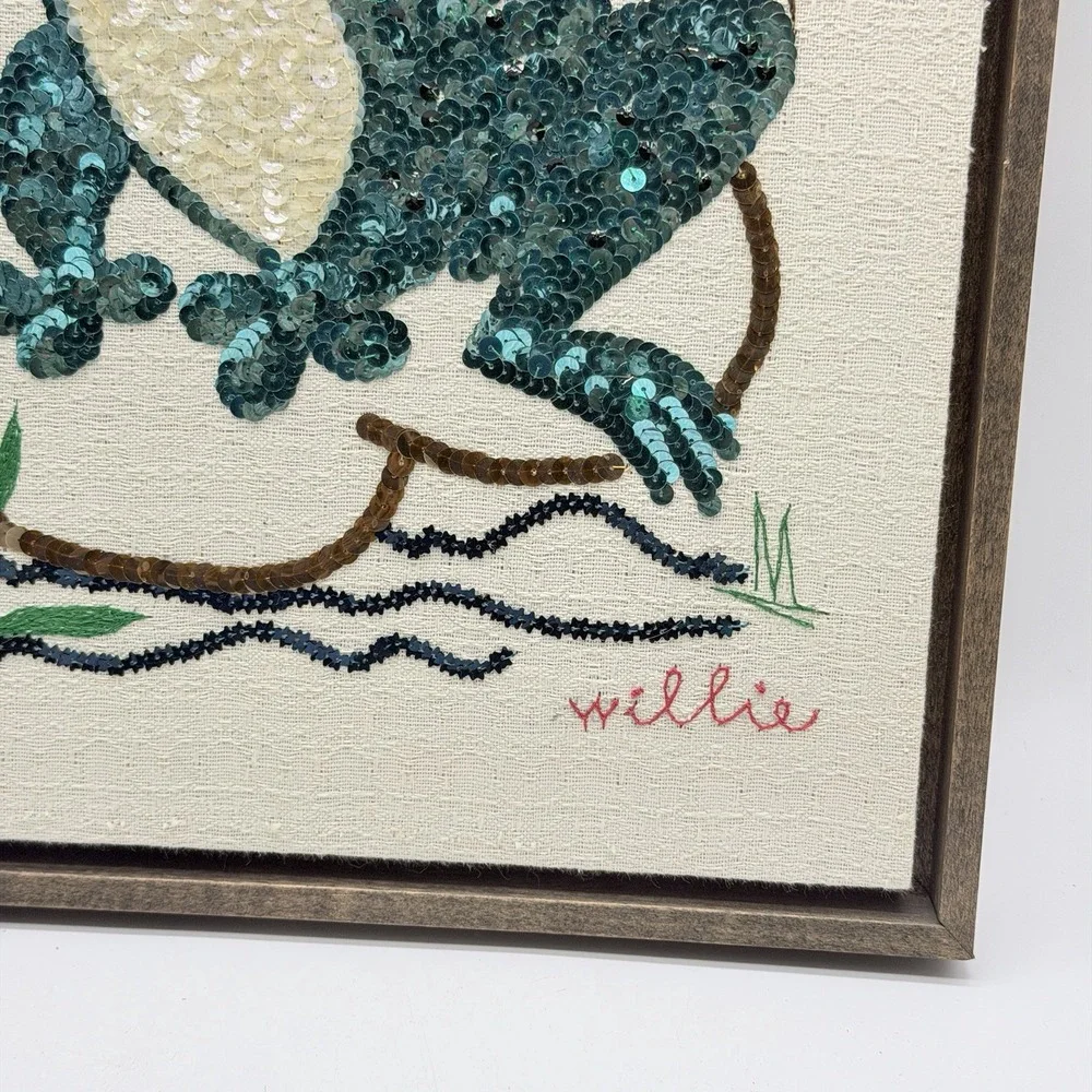 Sequenced Embriored Frog Wood Framed Wall Hanging Cottage MCM 70s 80s Granny
